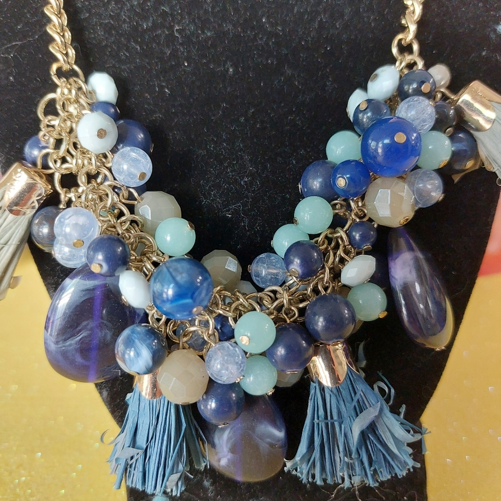 Talbots Blue Beads, Tassels and Goldtone Chain Necklace